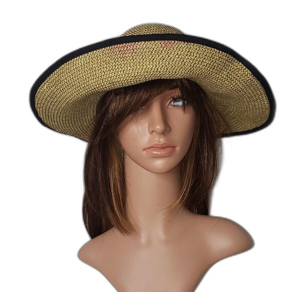 Shade Shack Tan Paper Straw Hat With Sheer Black Scarf Bow Womens Size S/M - Picture 9 of 9